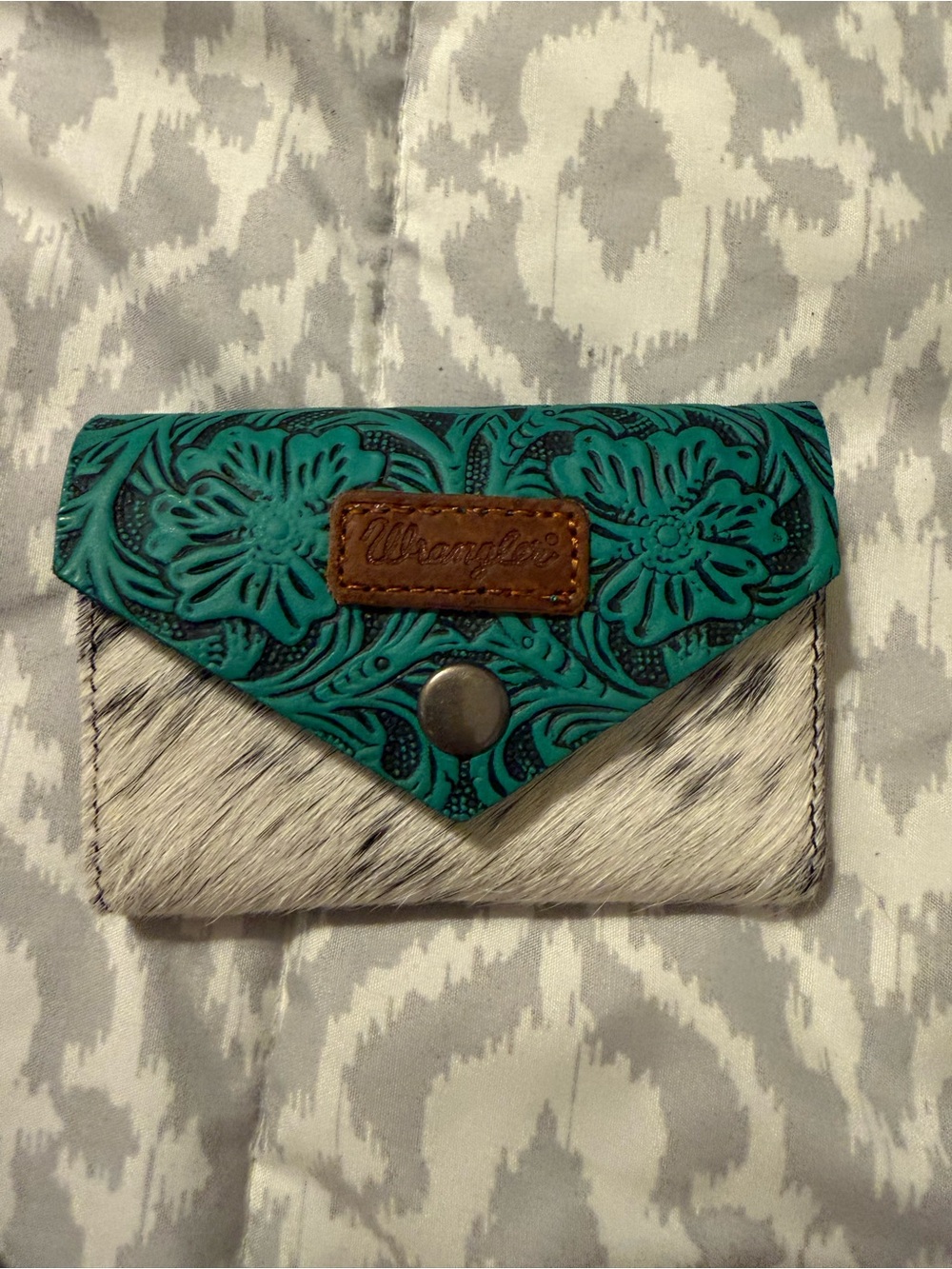 Wrangler Teal Floral Tooled Hair-on Hide Card Wallet